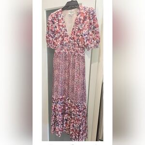 SAYLOR Mixed pattern Pink Floral Maxi Tier Dress, Puff Sleeves, V-neck, Lined